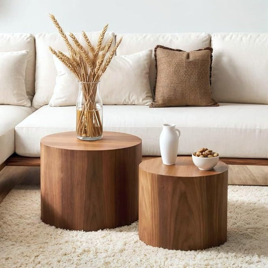KEVINSPACE Nesting Coffee Table Set of 2, Round Nesting Tables Wooden End Tables for Small Space, Modern Side Tables Set for Living Room, Office, No Need Assembly, Walnut