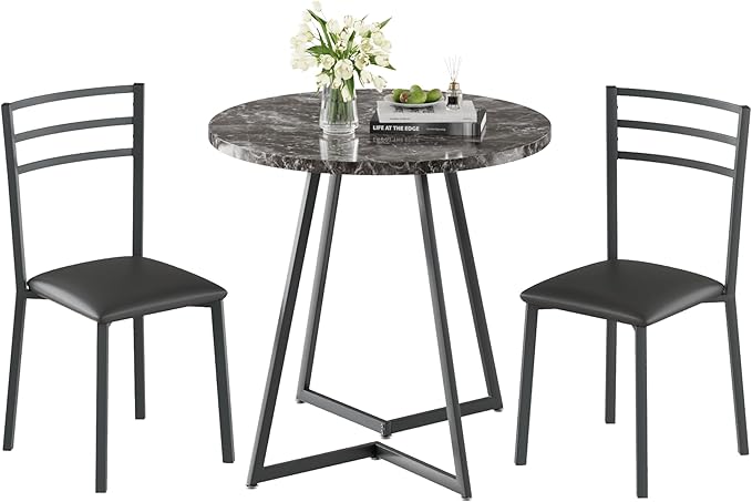 VECELO Small Round Dining Table Set for 2, Wood Tabletop with Strong Metal Frame, Modern Dinette with Chairs for Kitchen, Breakfast Nook Living Room, Faux Marbled & Grey