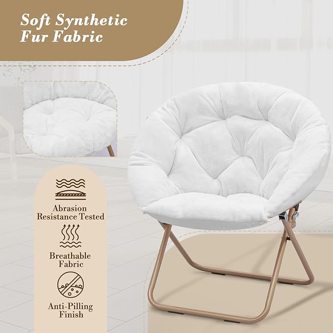 Athena Collection Modern White Faux Fur Saucer Chair with Ottoman, Foldable, Comfy Accent Chair for Bedroom, Living Room, Outdoor, 300lbs Weight Capacity