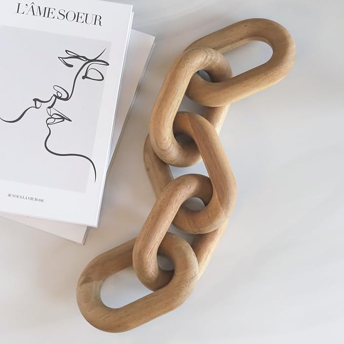 Natural Wood Chain Link Decor – 21" Light-Medium Decorative Object for Coffee Table, TV Stand & Living Room - Bohemian Shelf & Entryway Table Accent – Gift Idea for Housewarming or Home Décor