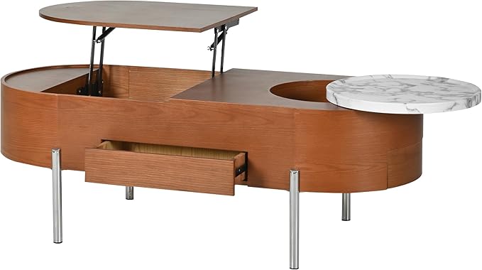 47.2'' Lift Top Coffee Table with Hidden Compartment, Modern Oval Wooden Center Table Cocktail Tea Table with 360-degree Marble-Patterned Rotating Tray and 3 Drawers for Living Room, Brown