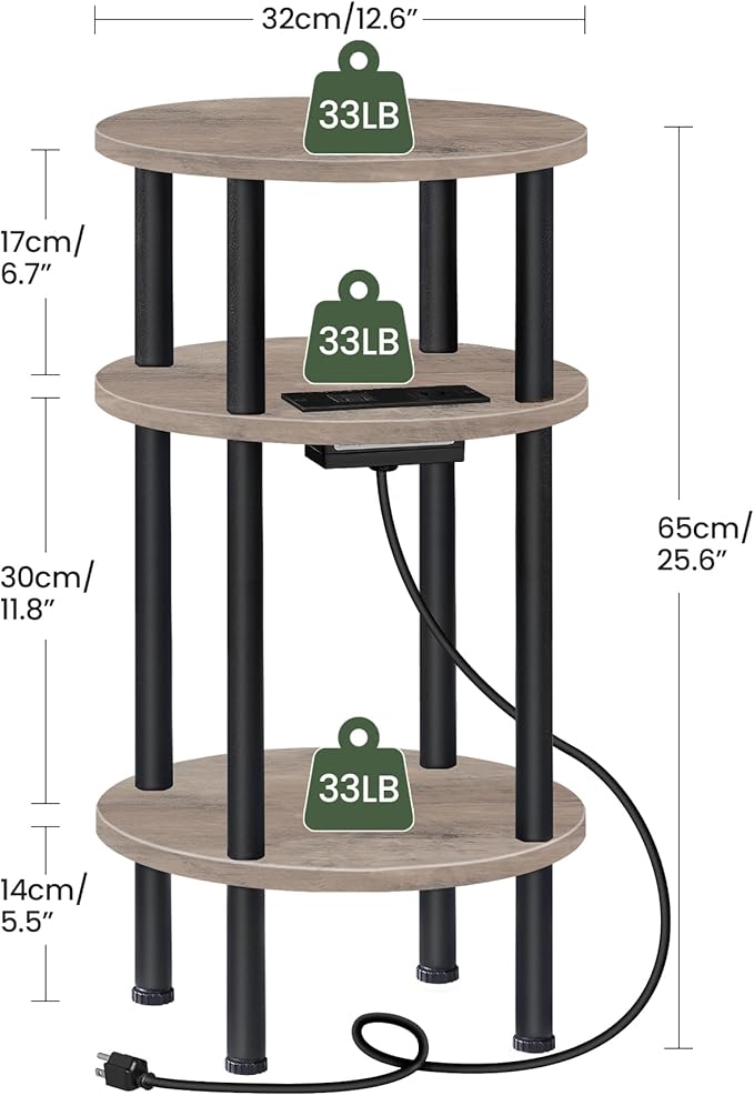 Small Round Side Table with Charging Station, Round End Accent Table, 3-Tier Sofa Side Table for Small Spaces, Nightstand for Living Room, Bedroom, Greige and Black TBZ06UFH