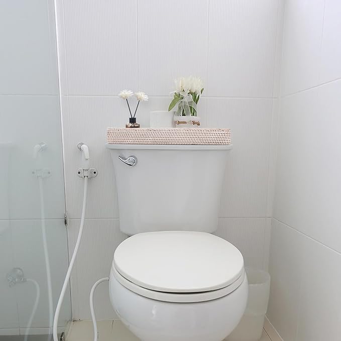 Rattan Bathroom Vanity Trays Toilet Tank Baskets Long Narrow Hand Towel Storage Basket for Storage, Decorative (Whitewash 16.3 x 6.1 x 2 inch)