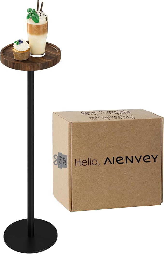 Drink Table, Small Pedestal Side Table, Round Cocktail Table, Circle Accent End Table with Metal Base, for Small Spaces (1, Brown Walnut)