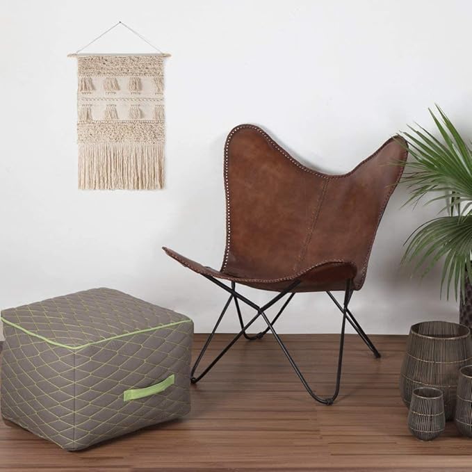 Vintage Brown Leather & Arm Butterfly Chair | Genuine Tan Leather Butterfly Chair Home Decor | Handmade Chair Presented by Presented by Shy Shy Let's The Sky