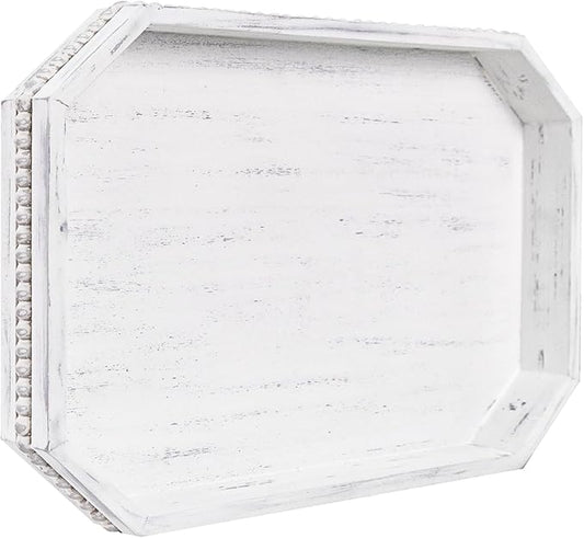 Wooden Decorative Tray, Rustic Serving Tray with Wood Bead, Farmhouse Big Tray for Ottoman, Countertop, Coffee Tabl, 16.5" x 13"x 1.6" (Retro White)