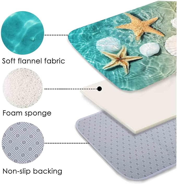 Bath Rugs Sponge Foam Absorbent Soft for Bathroom and Kitchen (21X35.5 inches), Flannel Mat Non Slip Bright 3D Print for Bedside and Living Room(Scallop Starfish)