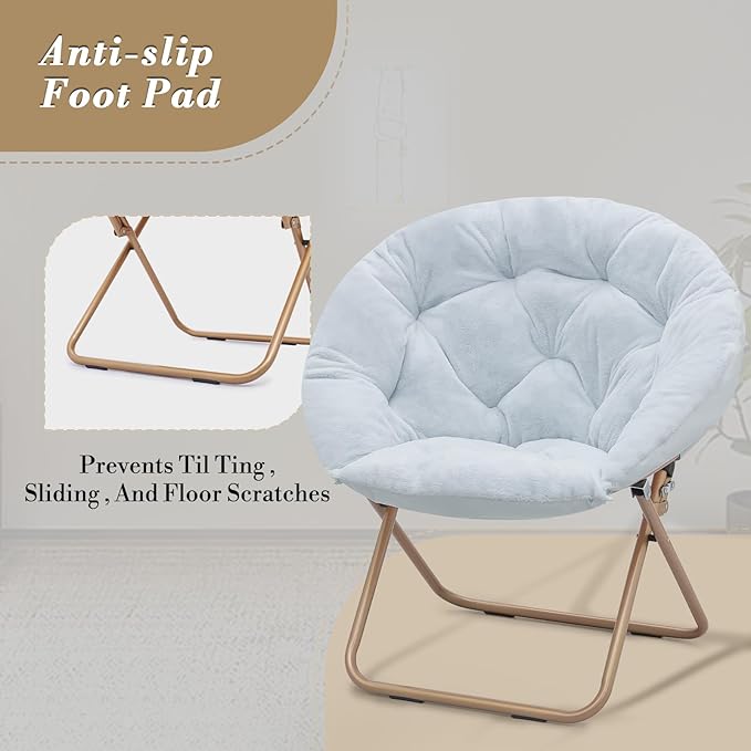 Athena Collection Saucer Chair with Ottoman Comfy Chair for Bed Room Living Room Folding Round Cozy Chair Faux Fur Metal Frame Foldable Lazy Chair Accent Chair Reading Chair, Blue