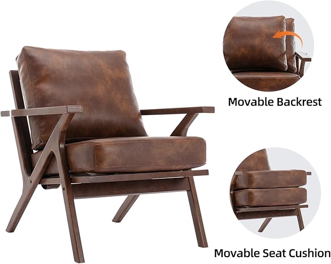 INZOY Mid-Century Modern Accent Chair with Wood Frame, PU Leather Living Room Chair and Soft Thick Padded Armchair for Living Room Bedroom Reception with Removable Upholstered Cushions, Reddish Brown