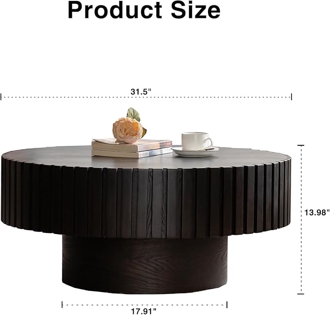 31.5" Round Drum Coffee Table, Modern Handcraft Fluted Drum Center Table, Wooden Round Coffee Table Center Table with Sturdy Pedestal for Living Room Apartment (Walnut+Black)