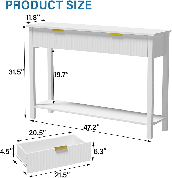 47.2" White Entryway Console Table with 2 Fluted Drawers and Gold Handles, Modern Sofa Table with Storage Shelf for Living Room and Hallway