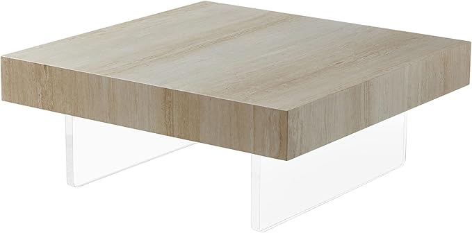 34.65'' Square Faux Travertine Pattern Coffee Table for Living Room, MDF Table, Modern Design Console Table with Acrylic Legs for Office, Apartment, Easy Assembly