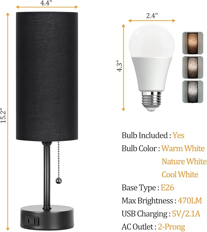 Dott Arts Table Lamp for Bedroom, 3-Color Bedside Lamps with Pull Chain, Bedroom Table Lamps for Nightstand,AC Outlet Small Lamp for Living Room, Bulb Included Black