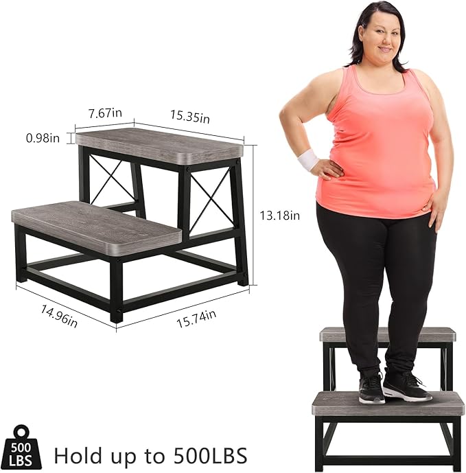 YINMIT Wooden Step Stool for Adults, 2 Tier Heavy Duty Step Stool for High Bed, Using for Bedroom, Living Room, Bathroom and Kitchen, Hold Up to 500 LBS