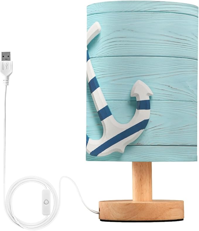 Table Lamp Nautical Anchor with Rope Turquoise Blue Grunge Wooden Nightstand Lamp with Wood Base Fabric Lamp Shade Bedside Desk Lamp for Living Room Bedroom Kids Room Office