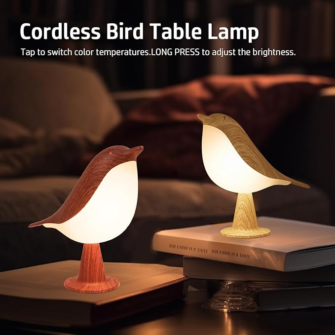 2 Cute Bird Lamps Combo,Small Bedside Lamps with 3 Color Temperature and Adjustable Brightness,Rechargeable Cordless Lamp for Bedroom Nightstand Bedside Table (Wood Tone + Red)