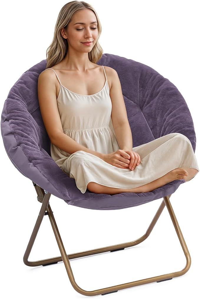 Athena Collection Comfy Saucer Chair Folding Cozy Chair for Bed Room Living Room Accent Chair Faux Fur Reading Chair Foldable Metal Frame Lazy Chair Moon Chair for Adult, Purple