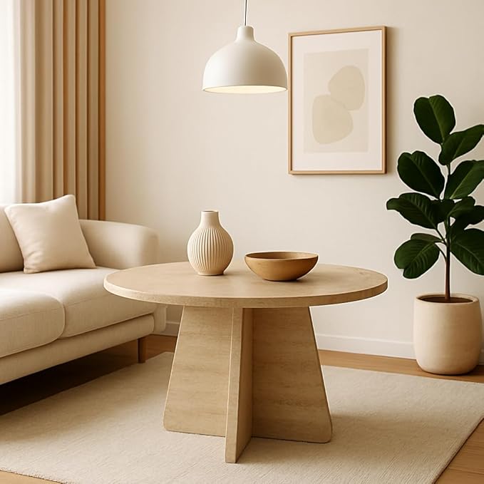 Travertine Efect Coffee Table Modern Side Table for Living Room Accent Table for Sofa or Bedroom (28.3x28.3x16.5 inches)