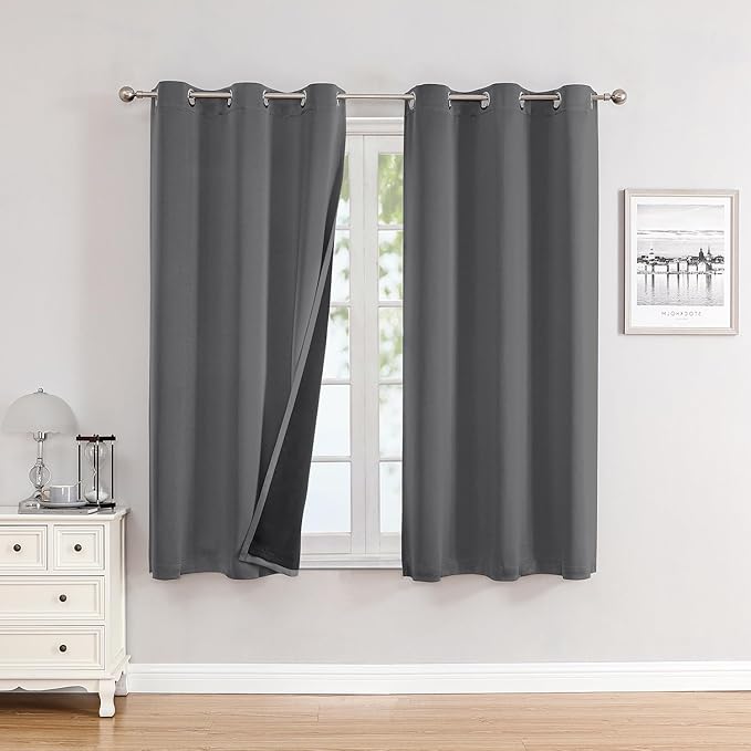 ChrisDowa 100% Blackout Curtains 63 inch Long for Bedroom with Black Liner, 2 Thick Layers Total Blackout Thermal Insulated Grommet Window Curtains 2 Panels Set (Grey, 38 x 63 Inch)