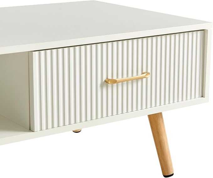 IANIYA Boho Coffee Table with Storage, Dining Table with Rattan Drawer and Solid Wood Legs, Small Center Tables for Living Room Small Space(All White)