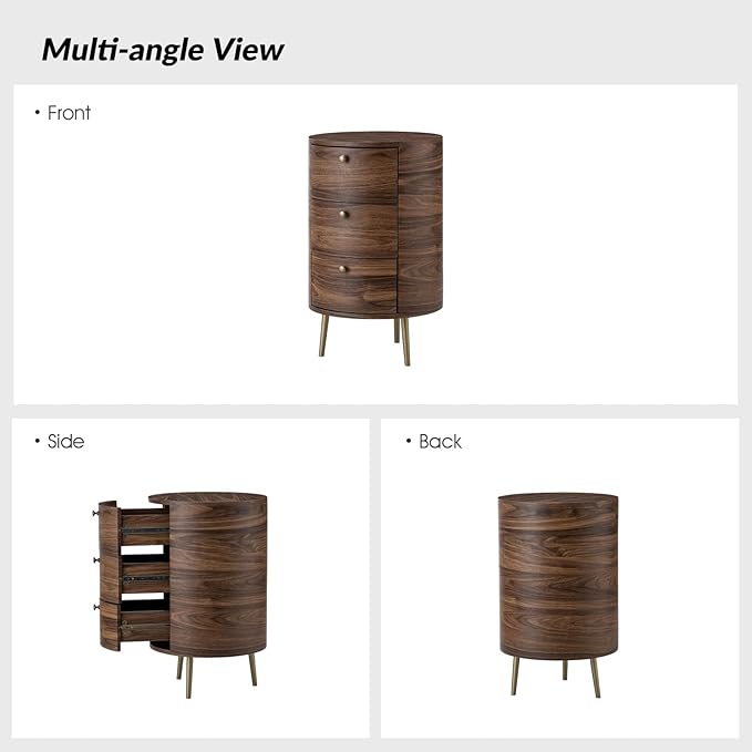HULALA HOME Round End Table with 3 Storage Drawers, Mid Century Modern Sofa Side Table with Metal Legs, Farmhouse Wood Small Side Table for Living Room, Bedroom and Small Spaces, Walnut