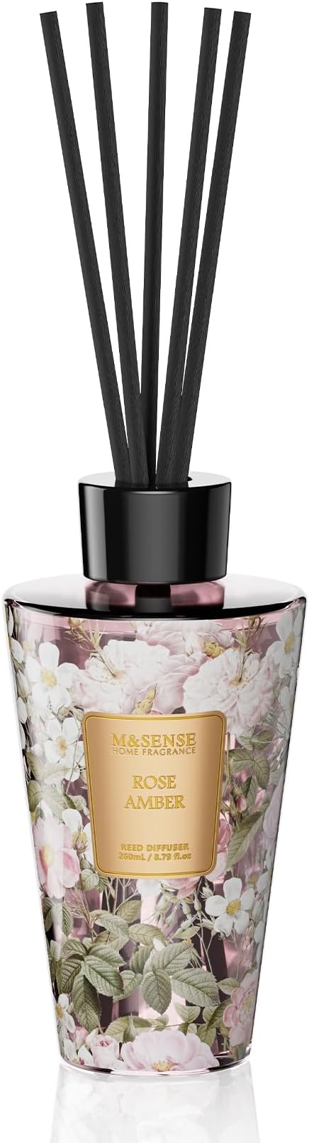 M&SENSE Rose Amber Reed Diffuser Set - 8.79fl oz Home Fragrance Non-Toxic Essential Oil Diffuser with All Natural Sticks, Air Freshner Gifts for Bathroom Bedroom Office Home Decor