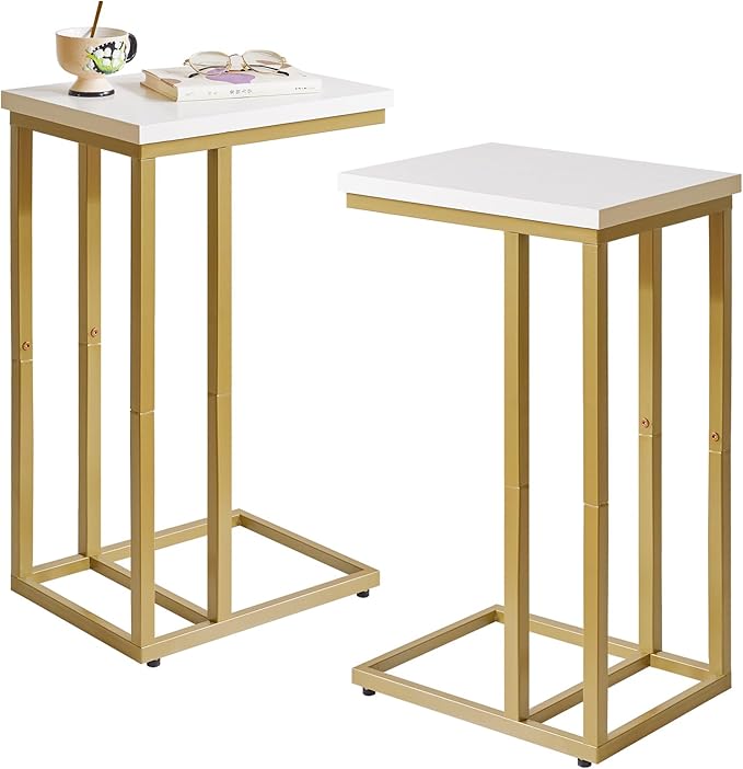 Small Side Tables C Shaped, End Table, Small Table Stand for Living Room Bedroom, Little Bedside Table 16x12x25 inch White+Gold YD-TM051WG-2
