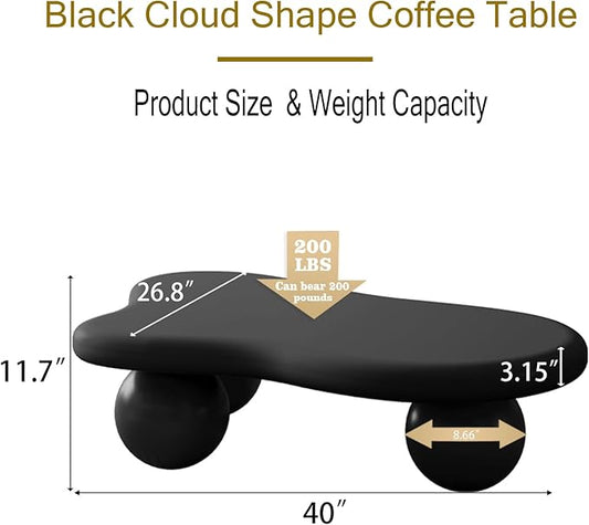 40" Irregular Cloud Coffee Table Asymmetrical Tea Table Low Center Tables with 3 Ball Legs for Living Room Office Apartment Modern Furniture Cream Black