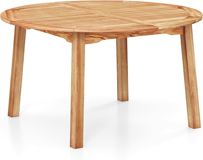 Tangkula Outdoor Round Dining Table for 4-6 People, 53 inch Patio Table with Acacia Wood Tabletop, 2 inch Umbrella Hole, Farmhouse Dining Furniture for Yard, Deck, Garden, Poolside