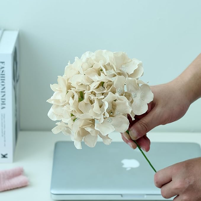 10Pcs Hydrangea Artificial Flowers Beige Heads Fake Silk Flowers Full Silk Flowers with Stems Wedding Home Party Shop Baby Shower Decor