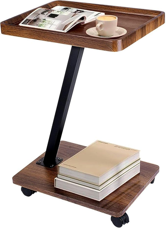 C Shaped End Table, C Shaped Side Table with Rolling Wheels, Side Table for Couches, Sofa Tables Slide Under Couch for Living Room, Over Couch TV Tray Table for Small Spaces(Walnut)