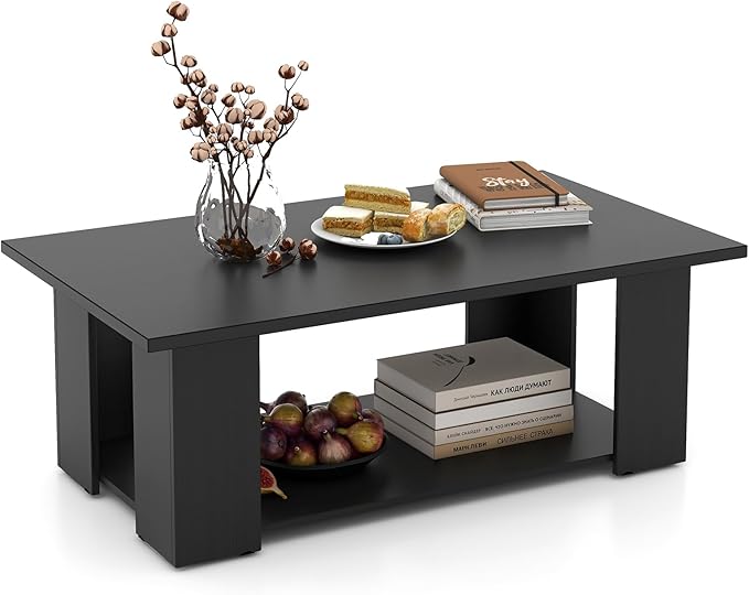 Giantex Rectangle Wood Center Table, 41" L 2-Tier Large Modern Tea Table w/Open Compartment, Easy Assembly, Accent Coffee Table for Living Room, Reception Room, Black