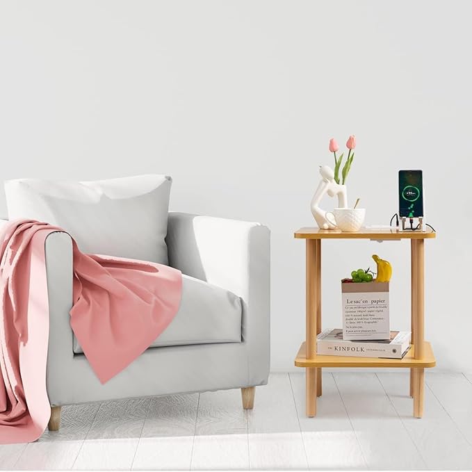 FORAOFUR End Table with Charging Station, Small Tables for Small Spaces in Living Room, Bedroom &Office, Nightstand Bedside Table with Solid Wood Legs, No Assembly Required