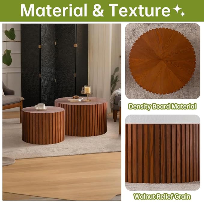 Round Nesting Coffee Table Set of 2 Small Round Coffee Tables for Living Room Modern Fluted Coffee Table Circular End Table Side Table for Small Spaces No Assembly (Brown, 27 in)