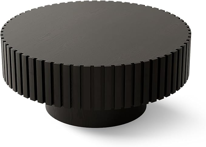 31.5" Round Drum Coffee Table, Modern Handcraft Fluted Drum Center Table, Wooden Round Coffee Table Center Table with Sturdy Pedestal for Living Room Apartment (Black)