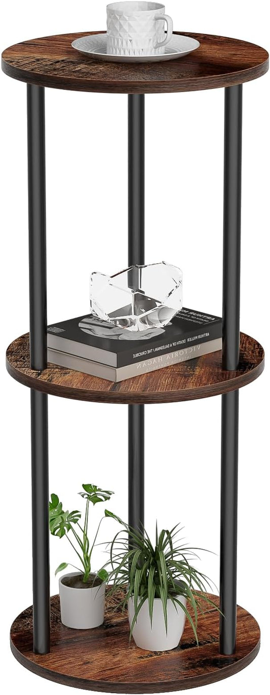 11.8'D Round Drink Table - 3-Tier Small Side Table with Wood Legs, End Table for Small Space, Balcony & Office | Space-Saving, Multi-Functional (Plants, Books, Drinks), Brown