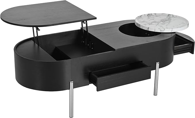 47.2'' Lift Top Coffee Table with Hidden Compartment, Modern Oval Wooden Center Table Cocktail Tea Table with 360-degree Marble-Patterned Rotating Tray and 3 Drawers for Living Room, Black
