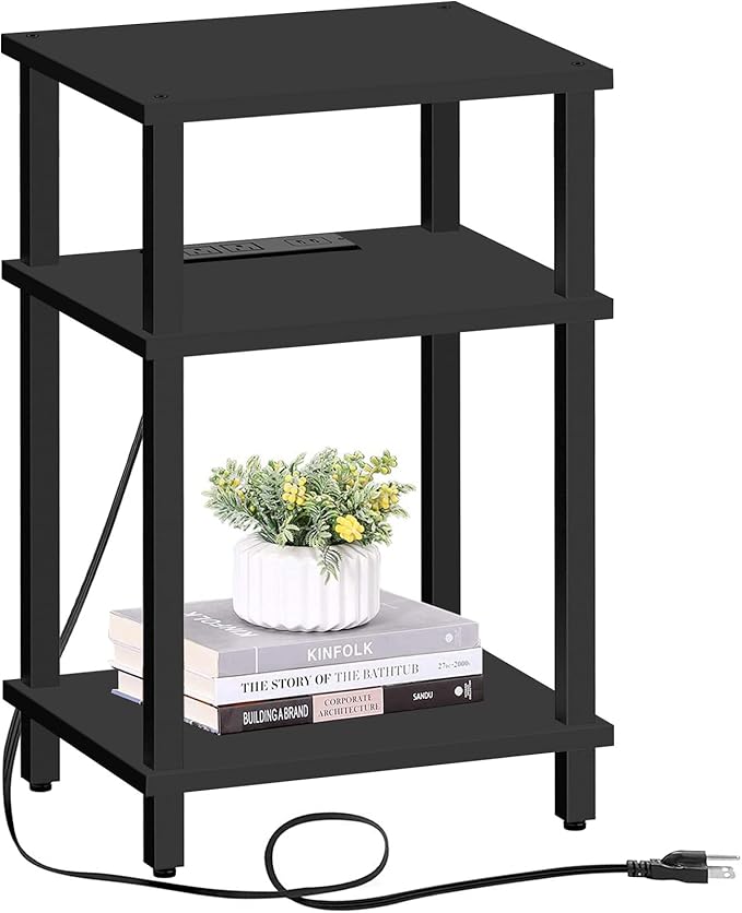 TUTOTAK End Table with Charging Station, Side Table with USB Ports and Outlets, Nightstand, 3-Tier Storage Shelf, Sofa Table for Small Space TB01BK042