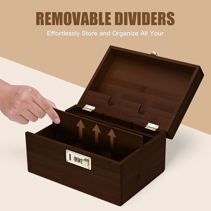 Large bamboo box, locked storage decorative box with combination lock, wooden lock box with lid, wooden locked storage box with removable tray and jars(Walnut)