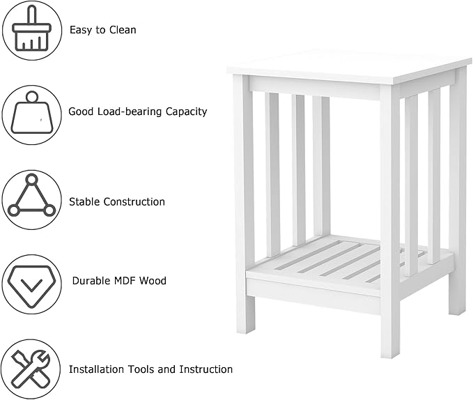 TaoHFE White End Tables Modern Side Table Living Room Rustic Slim Square Couch Table With Open Storage Shelf Wooden Bedside Table for Bedroom, Office, White