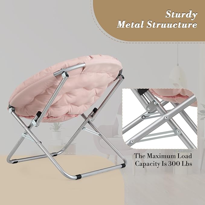 Athena Collection Comfy Saucer Chair Folding Cozy Chair for Bed Room Living Room Accent Chair Fabric Reading Chair Foldable Metal Frame Lazy Chair Moon Chair for Adult, Pink