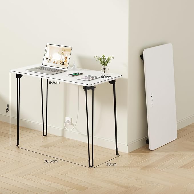 Folding Desk, 31.5" Hairpin Legs Small Desk with Power Strip for Bedroom, Space Saving Foldable Computer Desk for Home Office, No Assembly Need,White