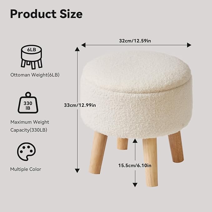 IBUYKE 13 Inch Foot Stool Ottoman with Storage, Round Small Foot Rest with Padded Seat and Wood Legs, Teddy Velvet Mini Footstool for Living Room Couch Bedroom Entryway, Cream WBD006W
