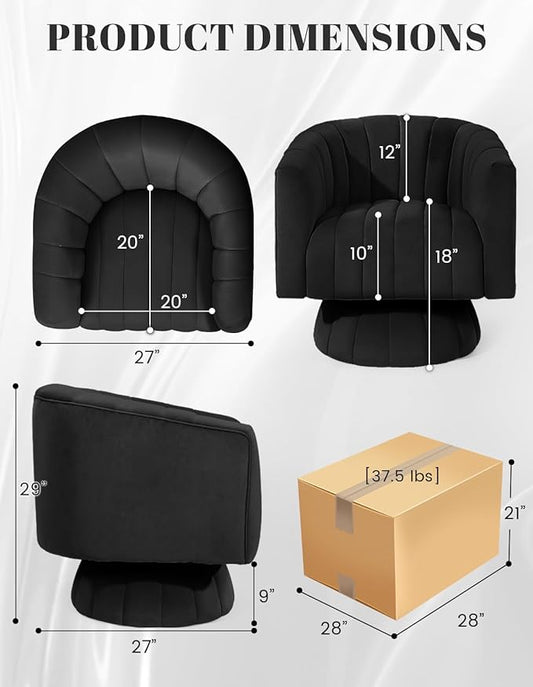 Kromax Swivel Accent Chair with Armrest, Set of 2, Mid Century 360 Degree Swivel Barrel Chair Overstuffed Tufted Velvet, Ideal for Living Room, Bedroom, Reading Room, Black