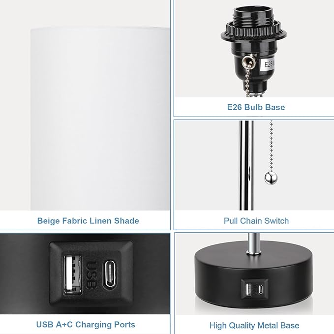 3-Color Temperature Bedside Lamp Nightstand Lamp with USB A Port and C Port, Table Lamp for Bedroom with LED Bulb Small Lamps for Living Room (White)