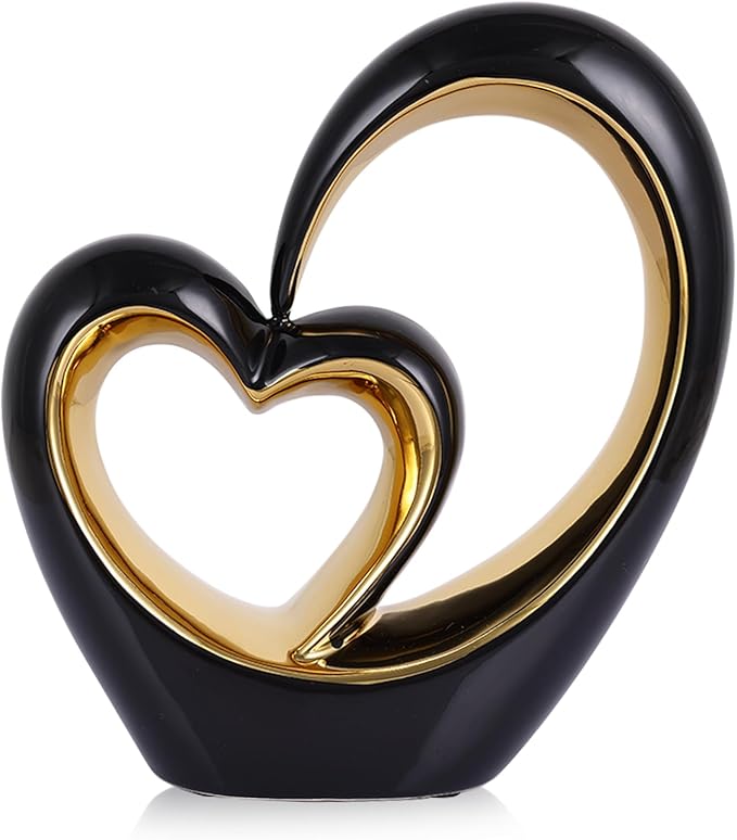 LCCCK Porcelain Double Heart Decor,Black and Gold Sculpture Home Decor for Living Room Entryway Coffee Dining Table Shelves, Wedding Anniversary, Valentine's Gift for Couples & Lovers Modern