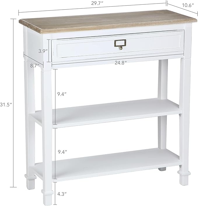 Console Sofa Table with Drawers, 3-Tier Farmhouse Entryway End Table with Open Storage Shelves, Accent Side Table for Hallway Living Room, Wooden Top, Handcrafted Finish (White)