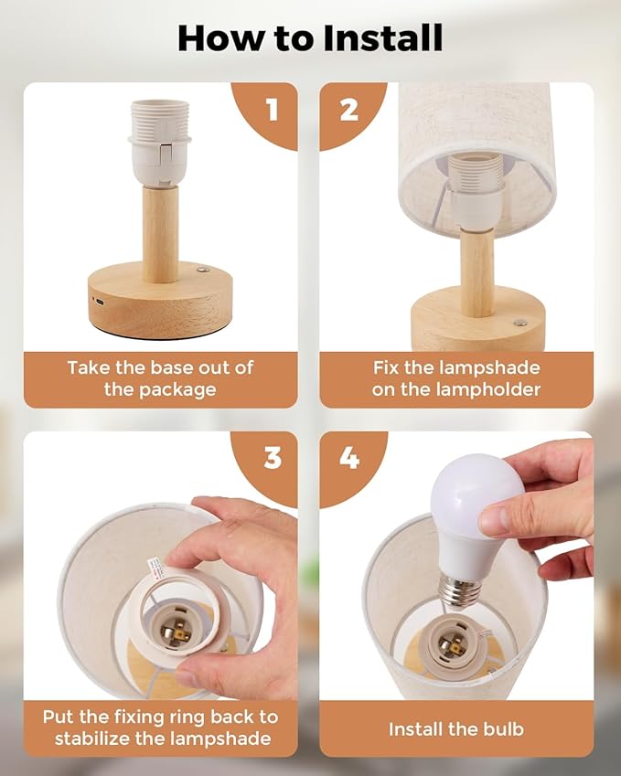 Cordless Table Lamp, 2200mAh Battery Operated Desk Lamp, Touch Bedside Lamps for Night Stands, Warm Light Mini Boho Lamp, Wood Base Round Flaxen Fabric Shade for Living Room,LED Bulb Included (Beige)