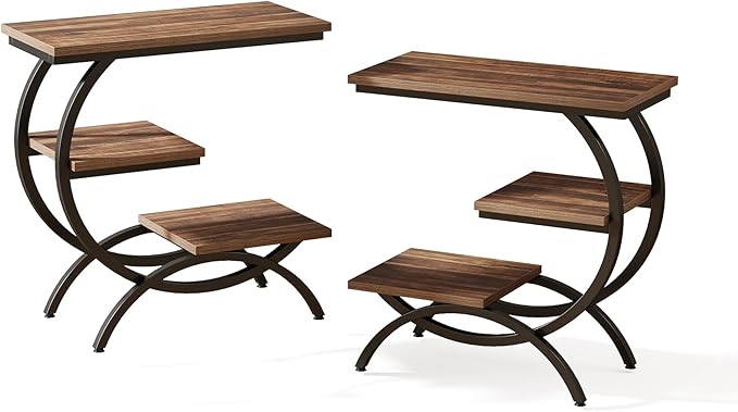 Tribesigns C-Shaped End Table Set of 2, Industrial 3-Tier Small Side Table for Couch, Wood Bedside Table Snack Side Table with Storage Shelves for Living Room Small Space, Rustic Brown