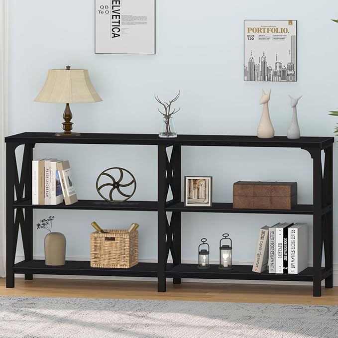 IBF Black Console Table, Modern Industrial Sofa Table with 3 Tier Storage Shelves, Farmhouse Wooden Metal Entryway Table for Living Room, Hallway, or Foyer, Black Oak, 63 Inch